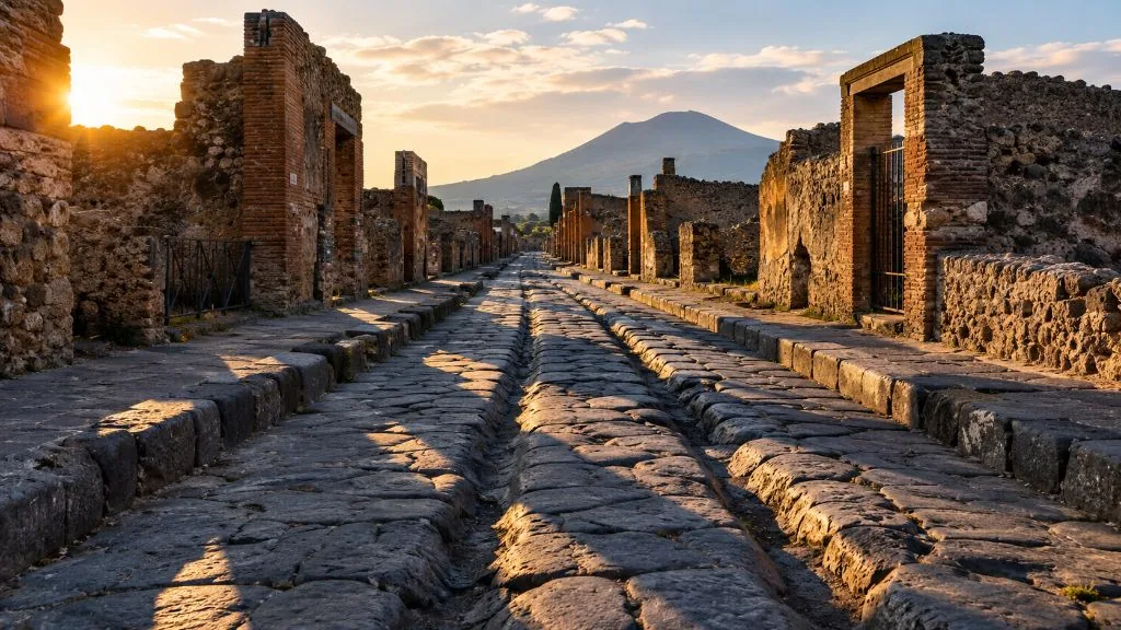 Il basolato di una strada di Pompei, irregolare e in pendenza